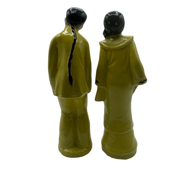 Vintage Asian-Inspired Yellow Ceramic Figurines Male & Female Pair Hand-Painted - Picture 6 of 8